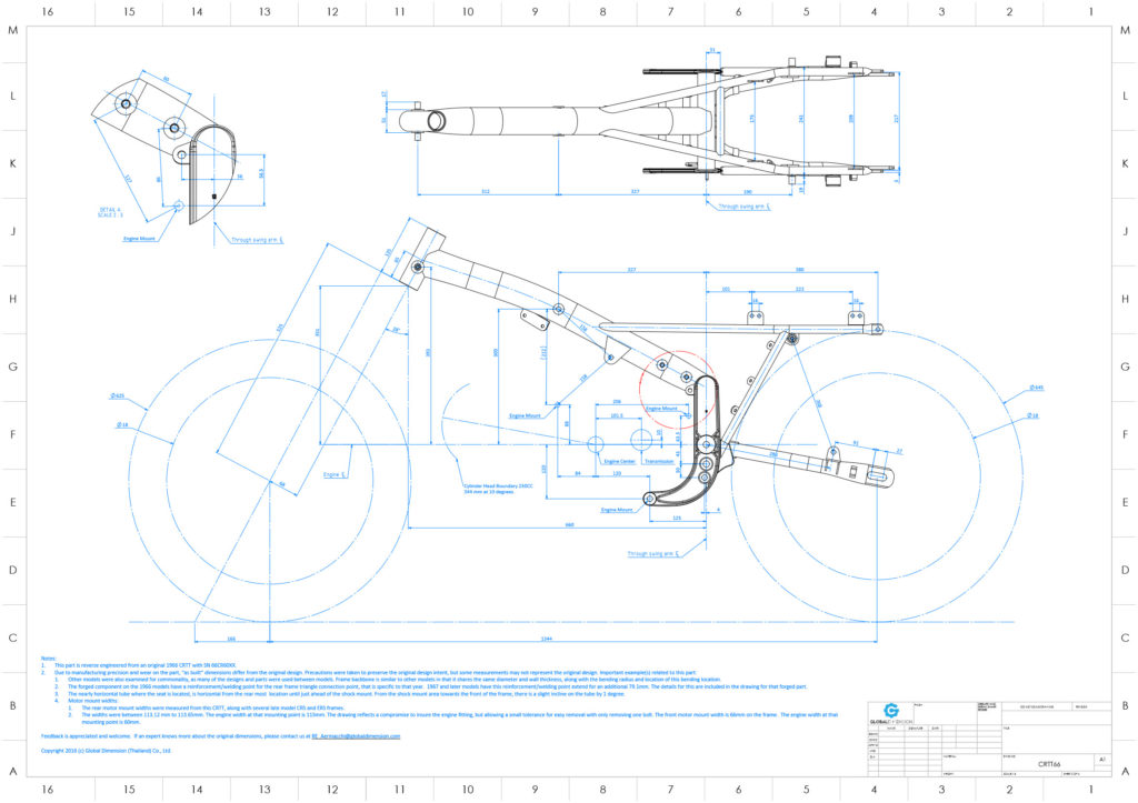 Harley-Davidson Aermacchi CRTT overview assembly drawing with tires and engine data