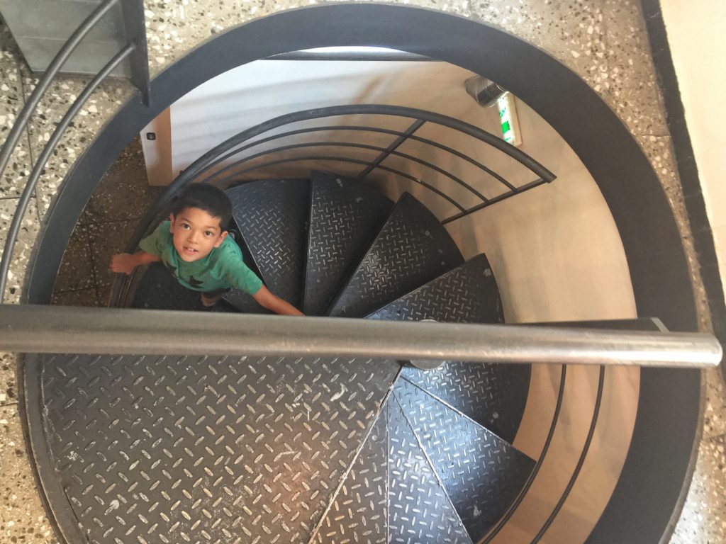 Tiny spiral staircase and Jake.