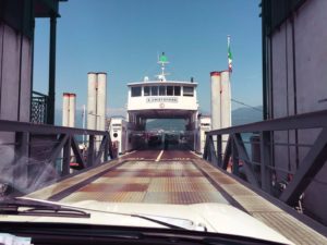 All aboard! Alfa climbs on board the ferry across Lake Maggiore.