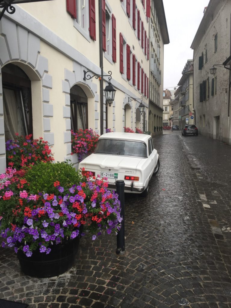 Leaving the Hotel du Mont Blanc In the rain. Fir our mood perfectly.