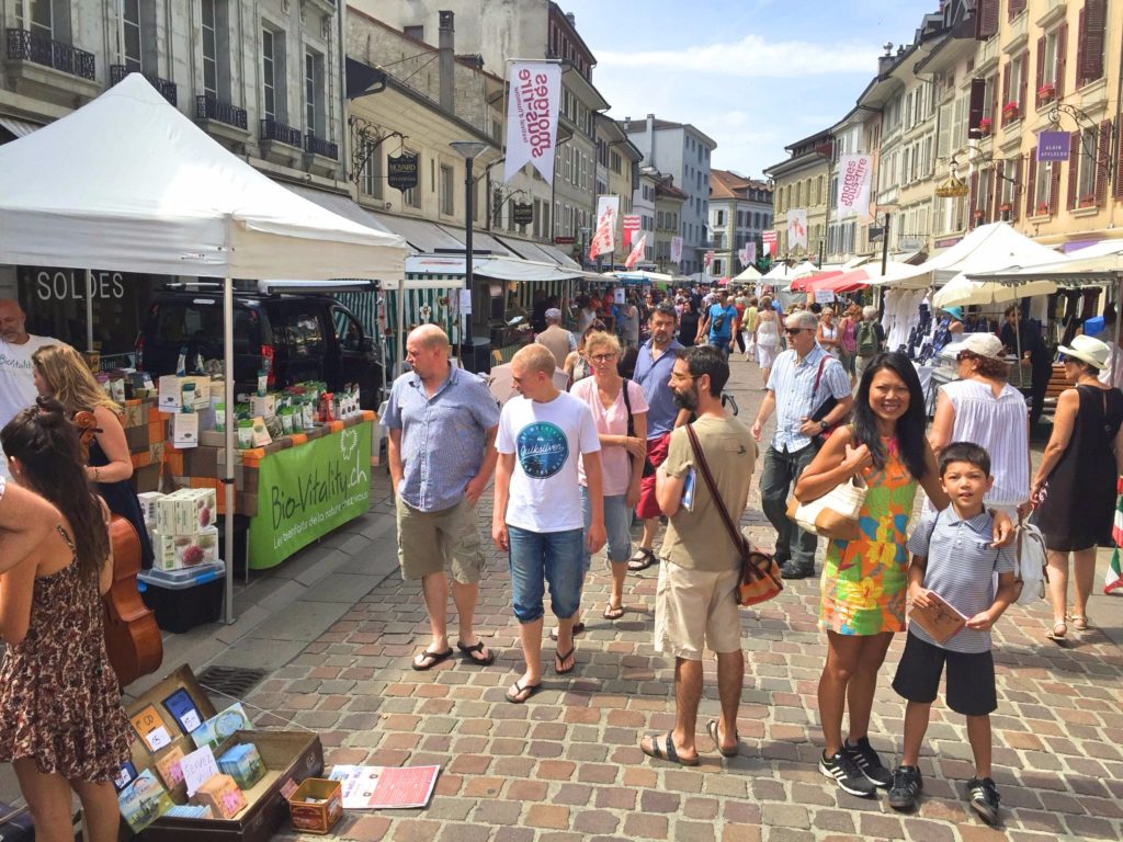 Directly behind the Mont Blanc, the walking street turns into a Saturday morning market.