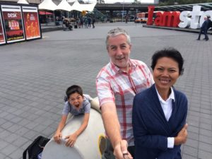 At Schiphol. Windy. Cool. Jake goofing.