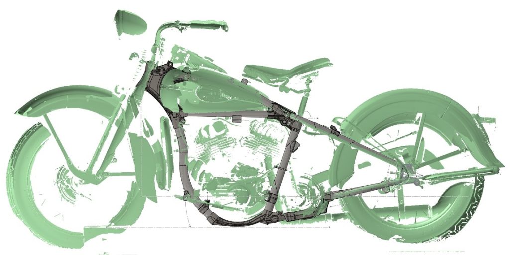 Harley 45 frame scan data superimposed on CAD frame data to check alignment.