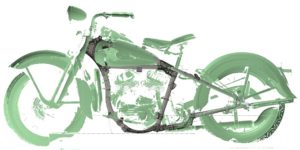 Harley 45 frame scan data superimposed on CAD frame data to check alignment.