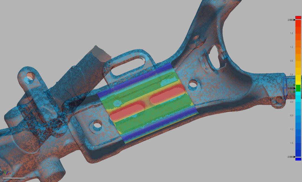3D compare of the scan data and actual CAD data. Perfect alignment.