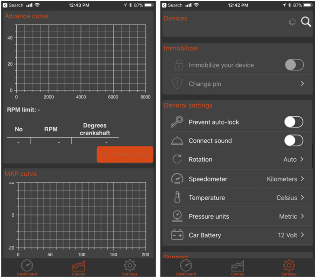 iPhone app screen for the '123 Tune' allows you to adjust ignition curve, MAP and has an immobilizer!