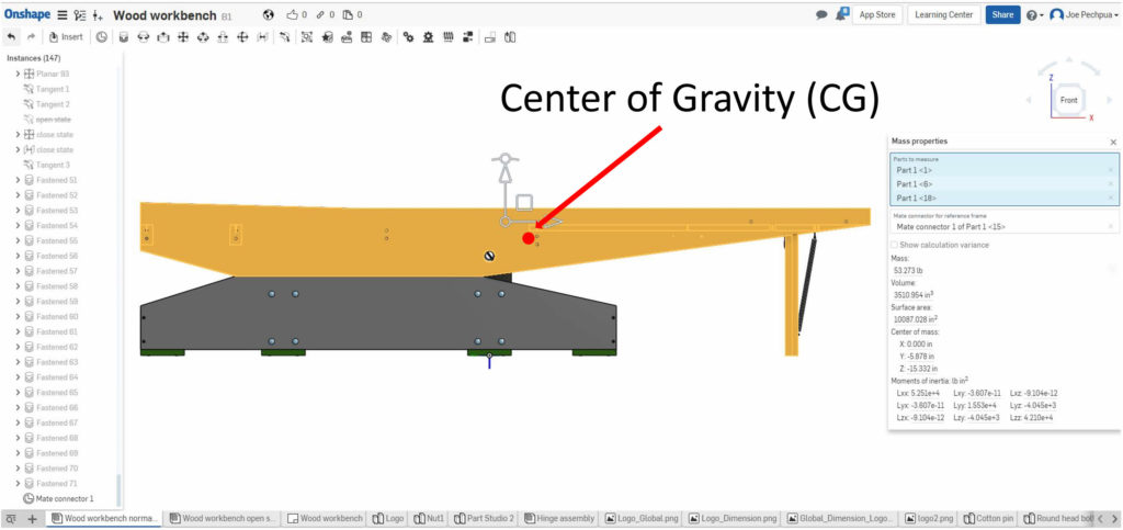 Onshape computes the Center of Gravity (CG).