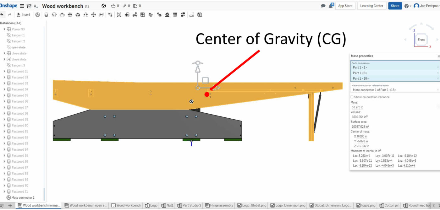 Onshape computes the Center of Gravity (CG). - Global Dimension
