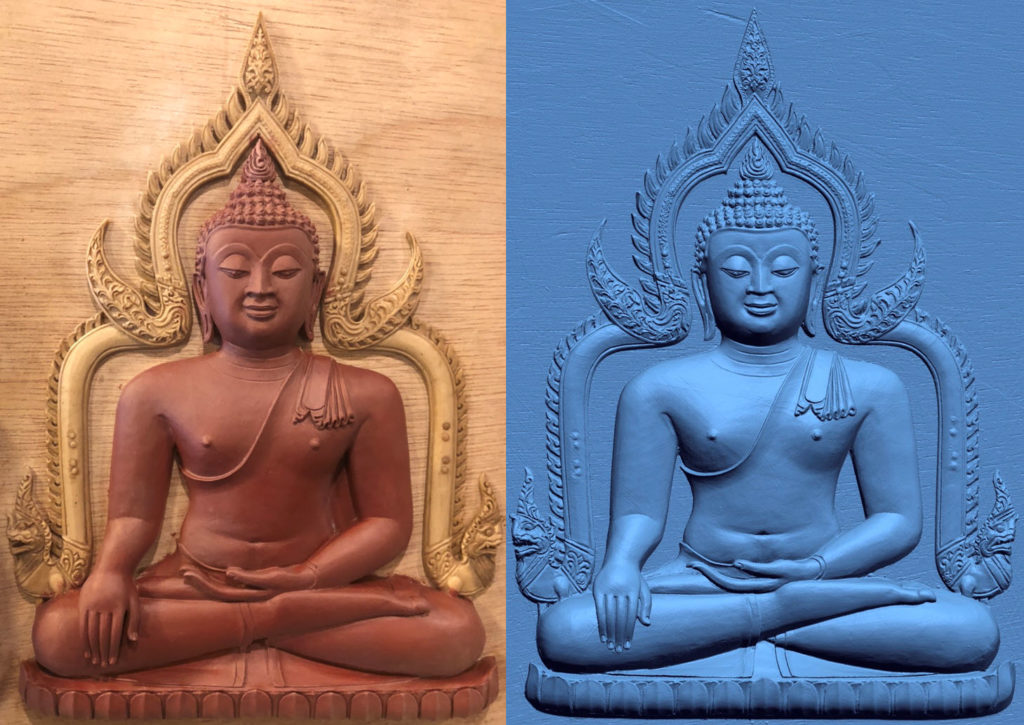 Wax figure of Luang Pho Pet on the left, laser scanned data on the right.