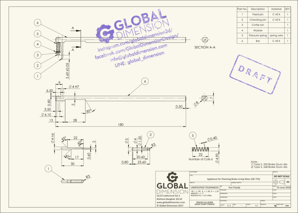 New 2D drawing of 'Appliance for Checking Brake Lining Wear (GD 753)'