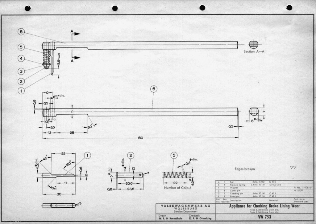 Original VW drawing of 'Appliance for Checking Brake Lining Wear (GD 753)'