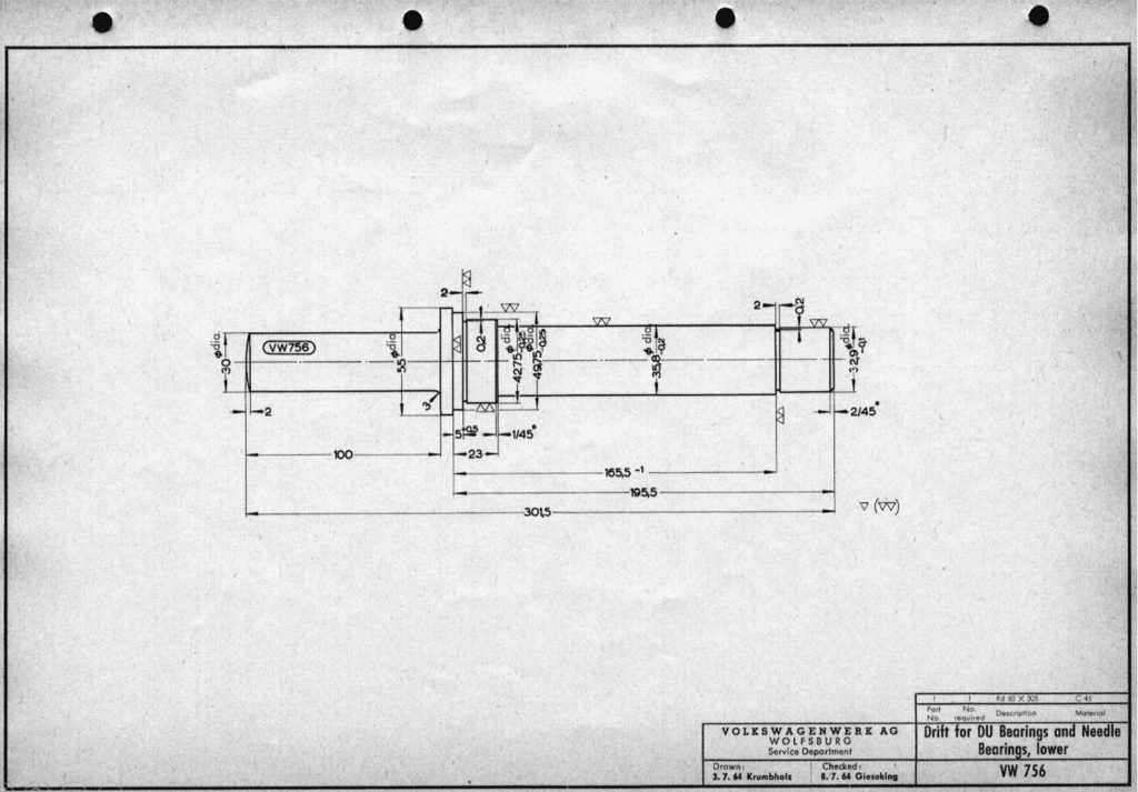 Original VW drawing of ‘Drift for DU bearings and needle bearings, lower (VW 756)’