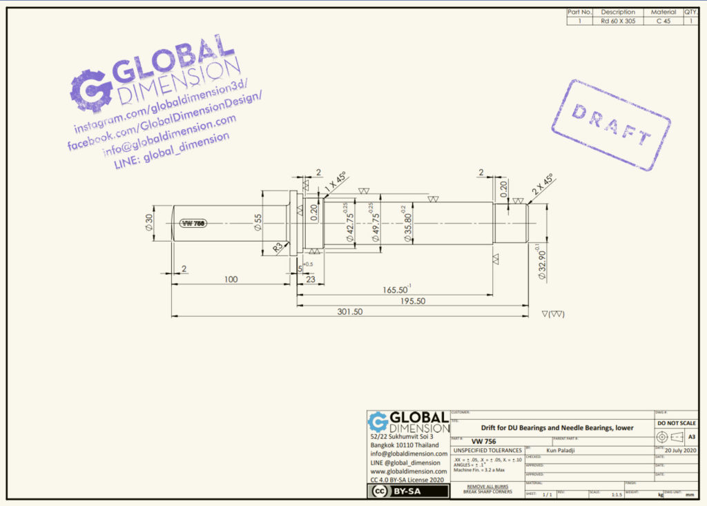 New 2D VW drawing of ‘Drift for DU bearings and needle bearings, lower (VW 756)’