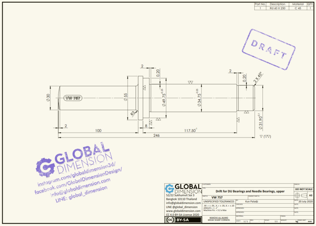 New 2D VW drawing of ‘Drift for DU bearings and needle bearings, upper (VW 757)’