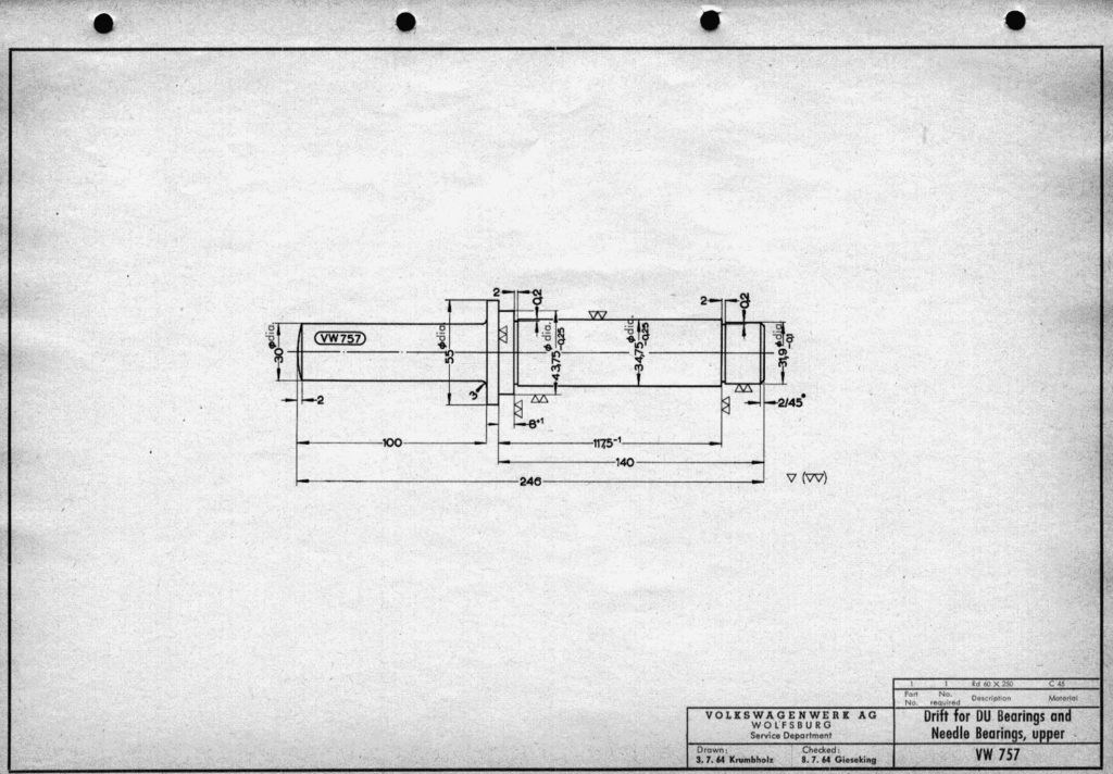 Original VW drawing of ‘Drift for DU bearings and needle bearings, upper (VW 757)’