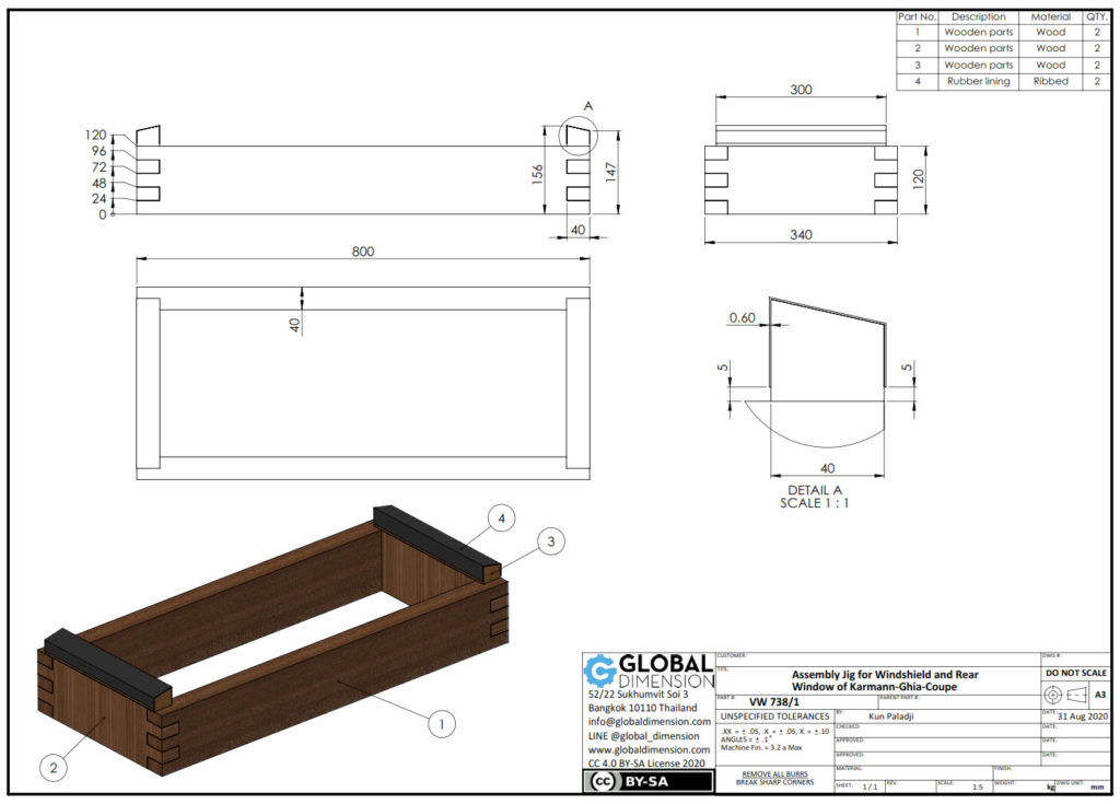 New 2D SolidWorks drawing of ‘Assembly Jig for Windshield and Rear Window of Karmann Ghia Coupe (VW 738-1)’