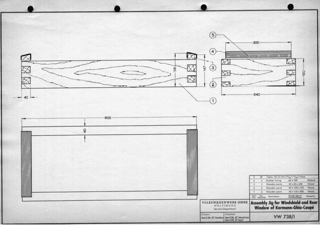 Original 2D drawing of ‘Assembly Jig for Windshield and Rear Window of Karmann Ghia Coupe (VW 738-1)’